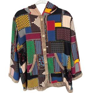 Womens 1XL‎ Patchwork Sherpa Lined Hooded Jacket Boho Cozy Winter Warm